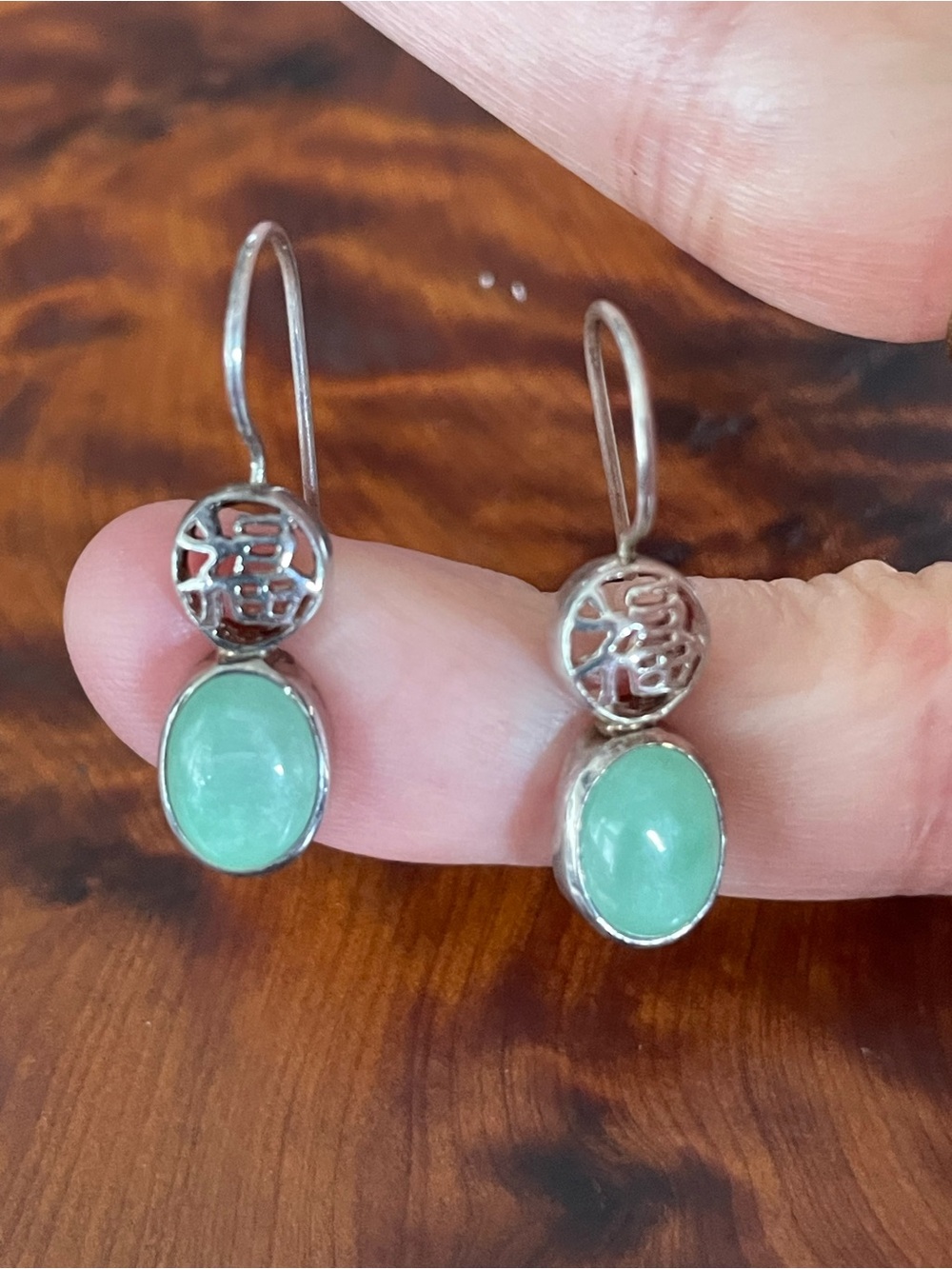 Vintage RJ Graziano Avon Sterling Silver 925 Green Jade Drop Earrings Fu Symbol